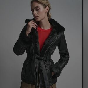 Women's Black Faux-Fur Trim Leather Belted Jacket